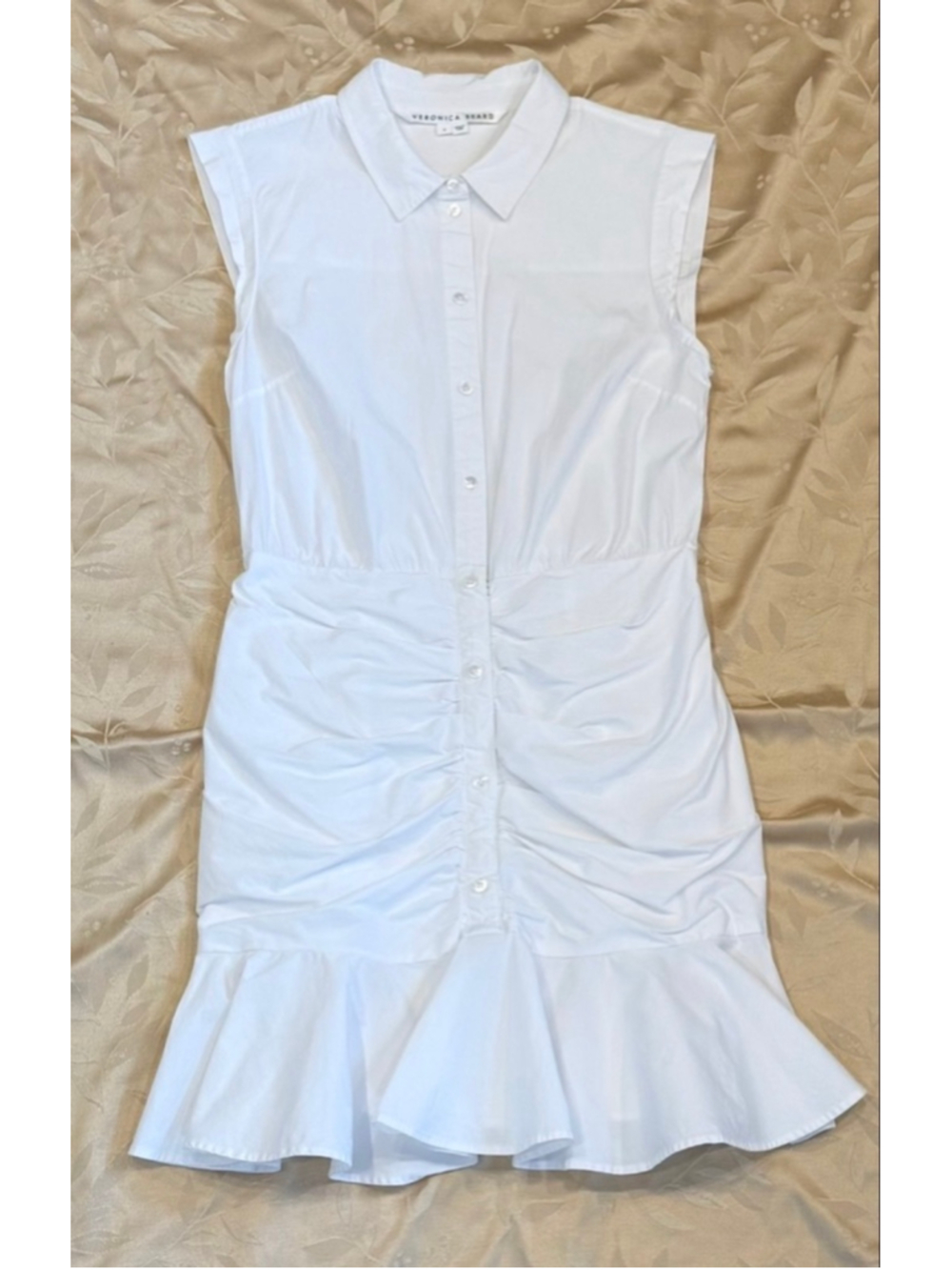 Veronica Beard Ruched Shirt Dress with Ruffle Hem, Off White - Picture 2 of 8